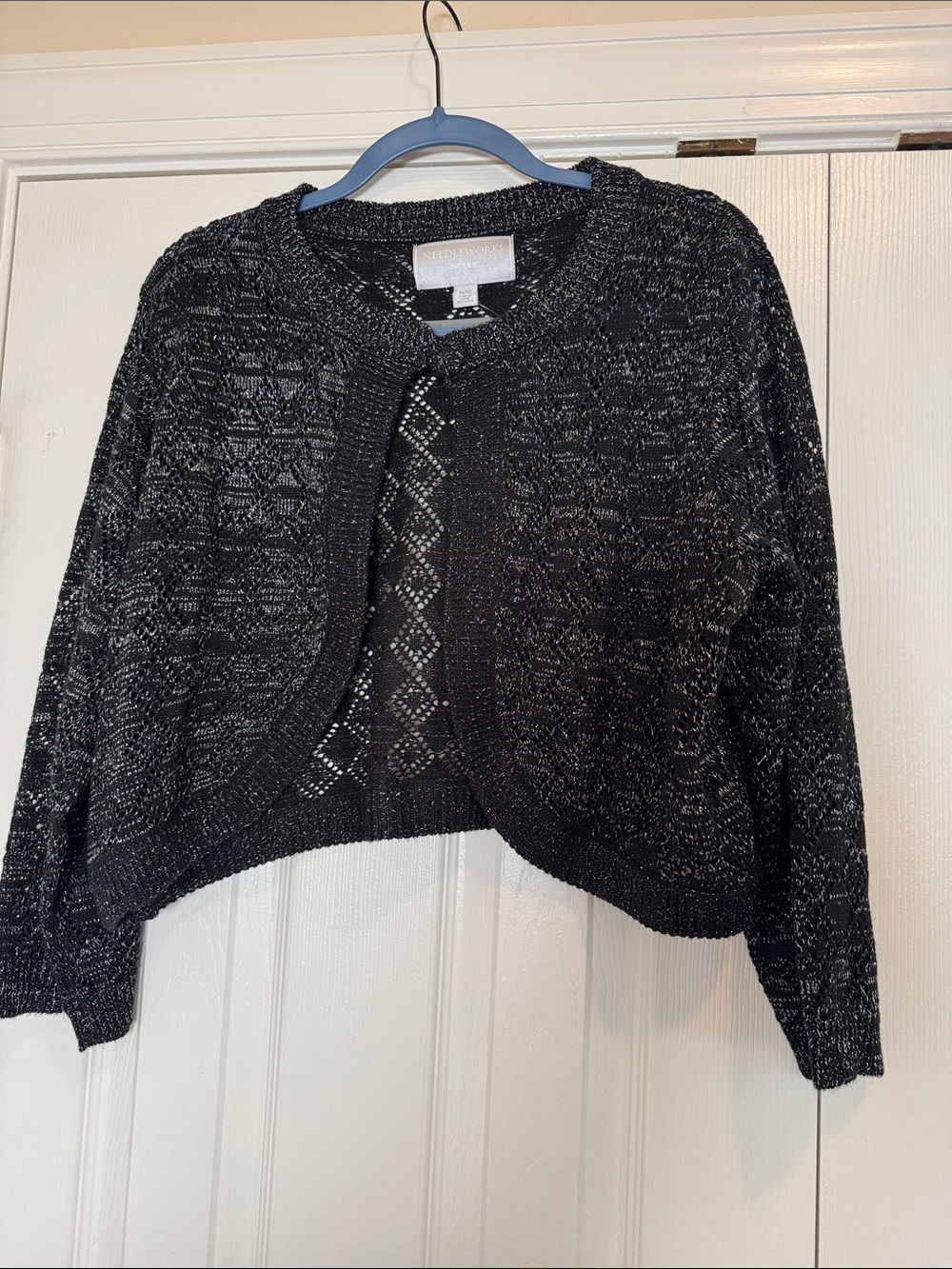 NWT Needleworks Avenue design black metallic open-front knit bolero cardigan
